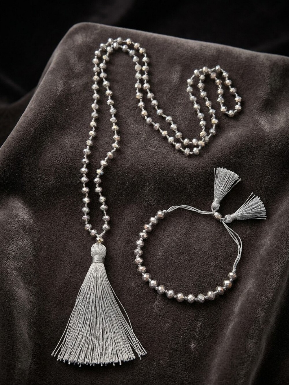 Metallic Silver Faceted Glass Tassel Jewelry Set, 32" Necklace & 3" Bracelet